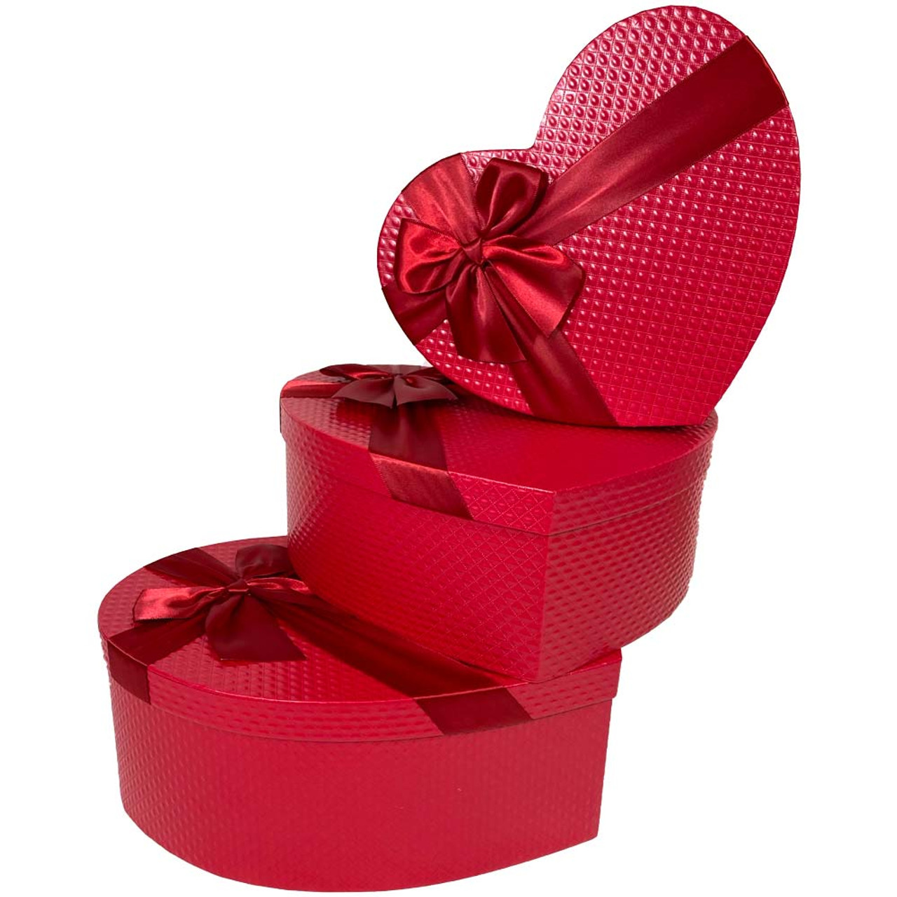 12 Deep Red Floral Heart Gift Box with Ribbon - Set of 3